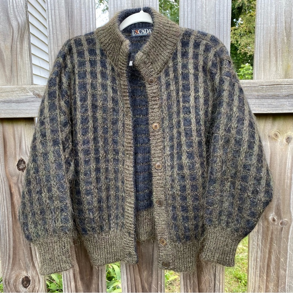 Escada Olive Green and Black Textured Wool Cardigan